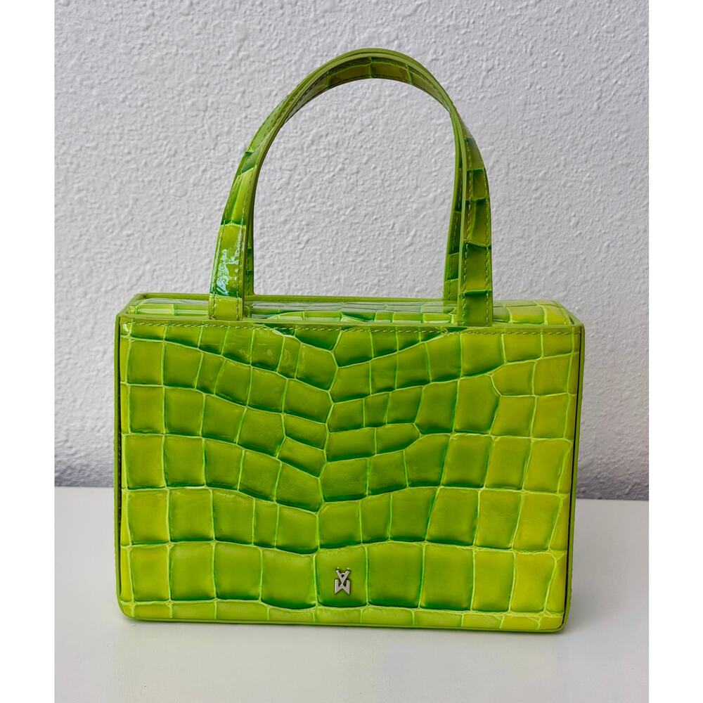 EUC Amina Muaddi Mini Croc Embossed Lime Green Leather Top Handle Bag